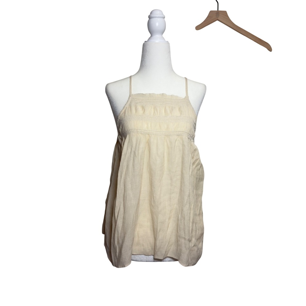 Vintage Gauze Camisole Top Cream Smocked Boho Spaghetti Strap Tank